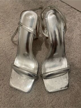 Forever 21 Silver Metallic Square-Toe Ankle Strap Heels